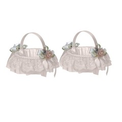 2 PCS White Wedding Flower Girl Baskets Polyester Handle Cute Party Decoration