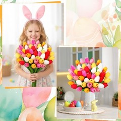 48 Pcs Artificial Tulips Fake Flower Bouquet PU Real Touch Mixed Colors Easter