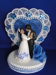 New Medium Dark skin Bride & Groom Wedding CakeTop, blue decor & heart, #336