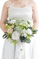Artificial Bridal Bouquet Silk Foam 11 Inch White Green Rose Eucalyptus Wedding