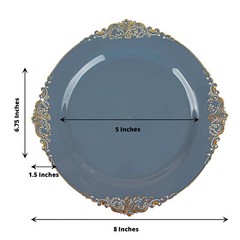 10 DUSTY BLUE GOLD 8″ Round Plastic Salad Dinner PLATES Embossed Baroque Rim