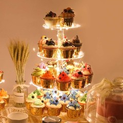 Durable Yellow 4-Tier Round Cake Stand Display with LED Lights for Celebrations