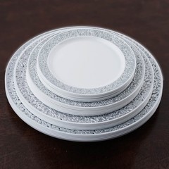 WHITE Silver Rim 10″ Plastic PLATES Disposable Elegant Wedding Birthday Party