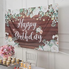 Brown White 6×3 feet Happy Birthday Wood Floral Printed Party BACKDROP Party