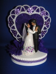 New Medium Dark skin Bride & Groom Wedding CakeTop, purple decor & heart, #335