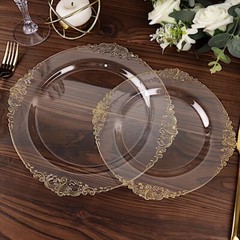 10 CLEAR GOLD 8″ Round Plastic Salad Dinner PLATES Embossed Baroque Rim Party