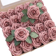 Artificial Flowers 25pcs Real Looking Dusty Rose Foam Fake Roses with Stems