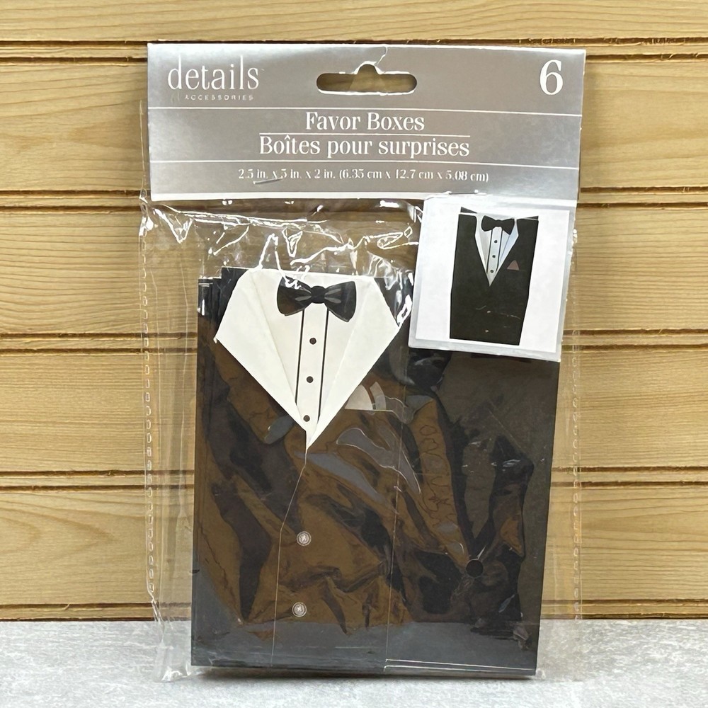 Details Accessories Wedding Favor Boxes Groom Tuxedo Suit Black White Pkg of 6