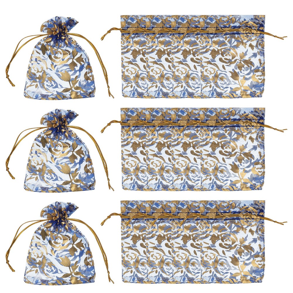 Organza Bags, 100 Pcs 2.8 x 3.5 Inch Gold Rose Mesh Pouch, Sapphire Blue Gold