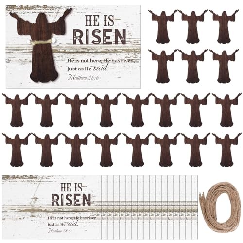 24 Sets Easter Religious Card He Is Risen Christian Greeting Card with Wooden