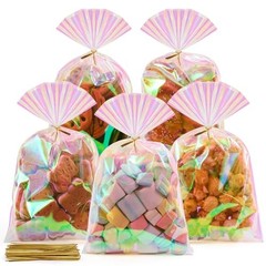 Cellophane Bags, 100 Pcs 6×10 Inches Clear Treat Bags with Iridescent Pink