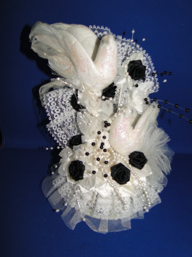 New Elegant Wedding Love Birds Caketop, accent black roses, white decor #209
