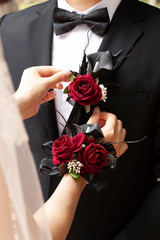 Black Burgundy Calla Lily Corsage and Boutonniere Set for Weddings and Proms
