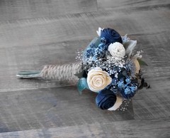 Navy Dusty Blue White Bridal Bouquet Sola Wood Eucalyptus Cascade Bridesmaid