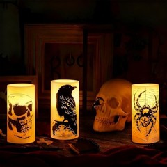 Hbaushun Halloween Flameless Candles LED Flickering Candles with Skull, Crow,