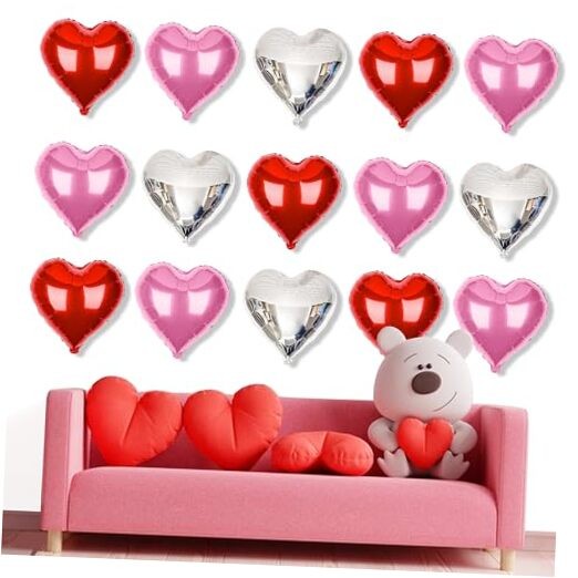 Upgraded Pink Silver and Red Balloons – Pack of 15 – Heart Shaped Foil