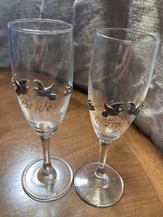 Rawcliffe Toasting Champagne Flutes Bride & Groom Pewter Doves And Flowers VTG
