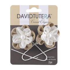 6 PCS DAVID TUTERA NATURAL BURLAP/ORGANZA FLOWER PICKS w/ PEARL CENTER – 2″x6.5″