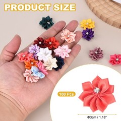 100 Pcs Ribbon Flowers, 1.2 in Fabric Flowers with Rhinestones, Watermelon Red