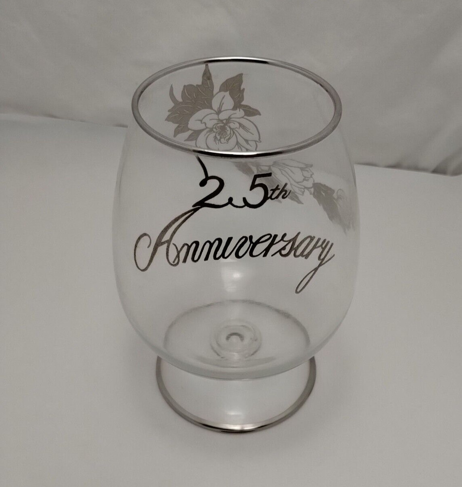 25th Wedding Anniversary Stemmed Glass Large Fishbowl Goblet Silver Design Trim