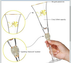 KOWLOON Mr & Mrs Crystal Wedding Toasting Flutes Rhinestones Gold Rim