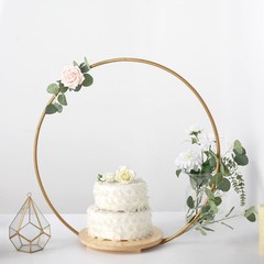 33″ Gold Wood with Round Geometric Metal Arch Cake Display Stand Wedding