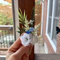 Lot Of 6 Light Blue/White Mini Boutonnieres For Men/Grooms Artificial Flowers