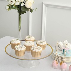 CLEAR 2 Round 12″ Plastic CAKE STAND Dessert Display Riser Gold Rim Party Events