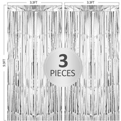 TenLaitech 3 Pack 3.3 x 9.9 ft Silver Foil Fringe Backdrop Curtain, Streamer …