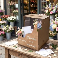 Brown Wedding Card Box with Wave Flower Trough, Wooden Gift Card Box for Wedd…