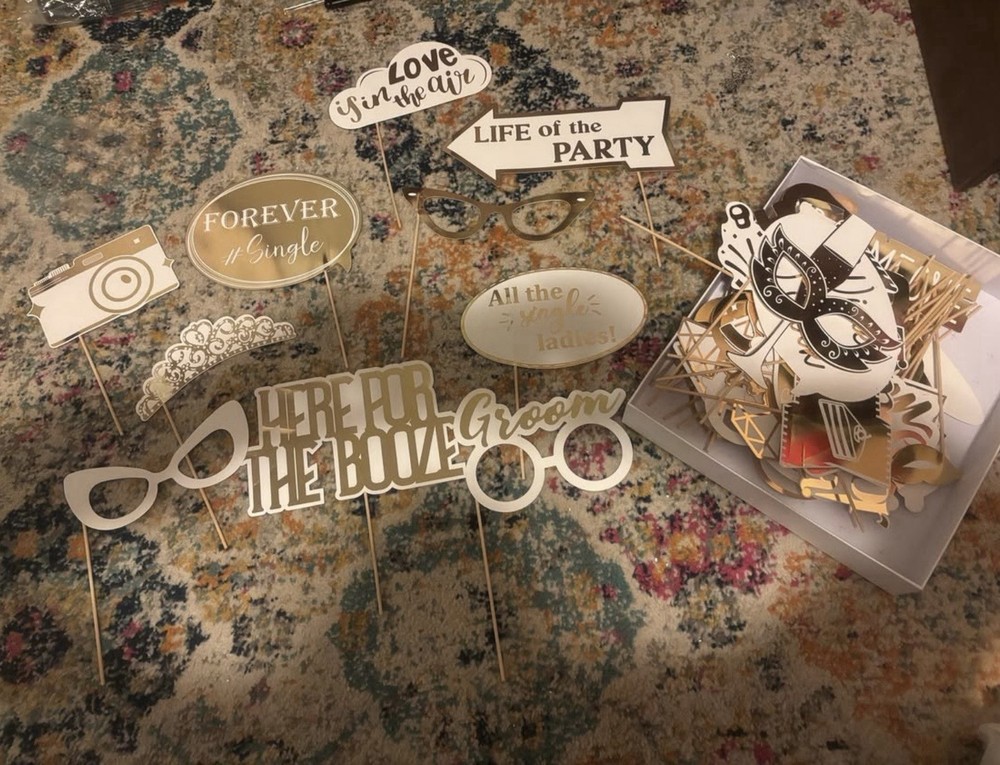Gold Wedding Photo Booth Props On Sticks. Missing Few But ALOT Still There!