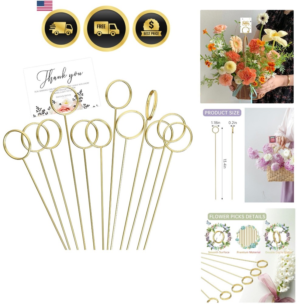 30 Pack Strong Grip Gold Floral Card Holder Picks 13.4 Inch | Metal Flower P…