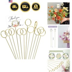 30 Pack Strong Grip Gold Floral Card Holder Picks 13.4 Inch | Metal Flower P…