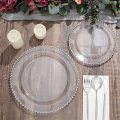 CLEAR SILVER 10 Round 10″ Plastic Salad PLATES Beaded Rim Party Events