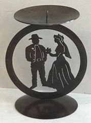 Laser Cut Steel Medallion Candle Holder, Western Love, Cowboy Bride and Groom