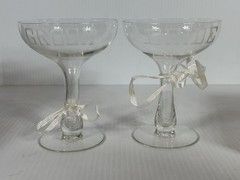 VTG MCM Engraved BRIDE GROOM Glasses Hollow Stem Champagne Coupes 1967 In Box