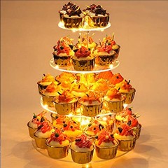 Durable Yellow 4-Tier Round Cake Stand Display with LED Lights for Celebrations