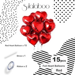 15Pcs Heart Balloons Helium 18 Inch Heart Shaped Foil Balloons for Red