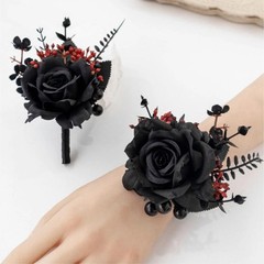 Black Wrist Corsage and Boutonniere Set Gothic Flowers Bouquet for Wedding Flowe