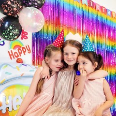 Sparkly Neon Rainbow Foil Fringe Curtain Backdrop Metallic Streamers Photo Bo…