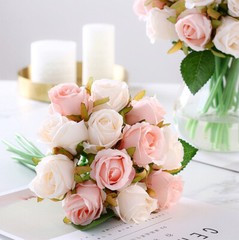 US 12Head Silk Rose Flowers Floral DIY Bridal Wedding Bouquet Home Garden Vibes