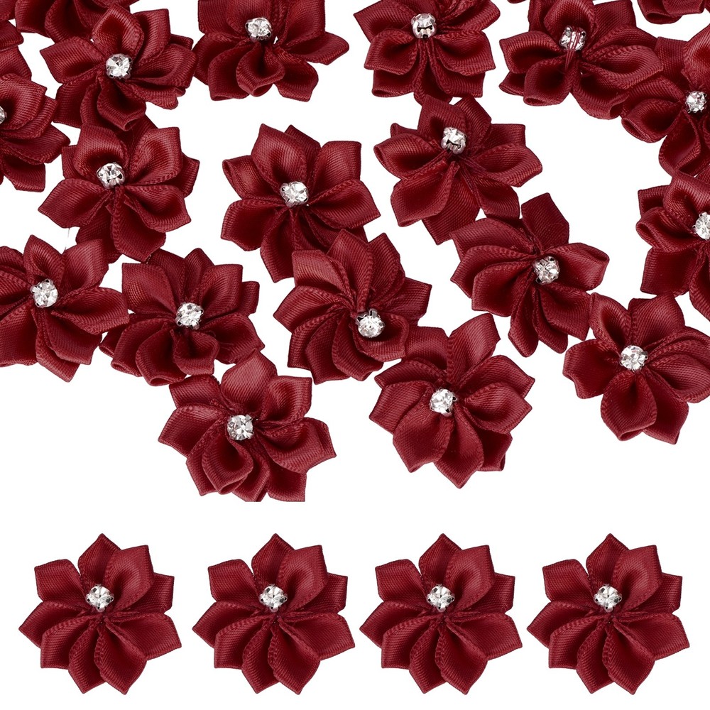 100 Pcs Ribbon Flowers, 1.2 in Fabric Flowers with Rhinestones, Burgundy