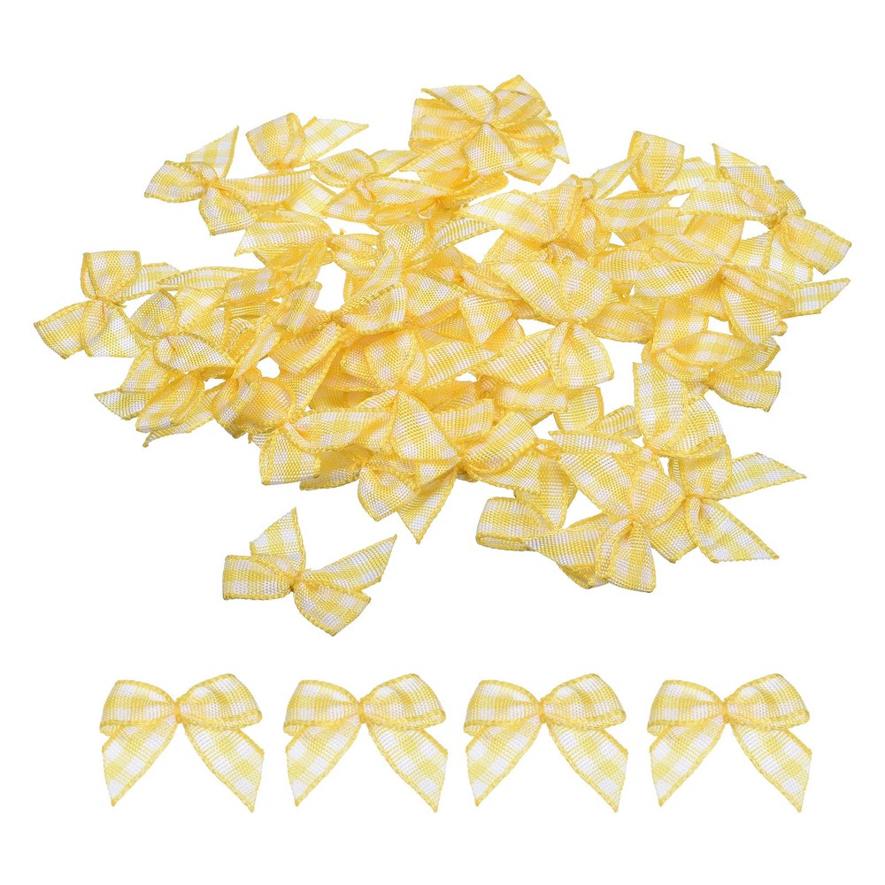 100Pcs Mini Gingham Ribbon Bow 1″ Checkered Ribbon Bows Yellow and White