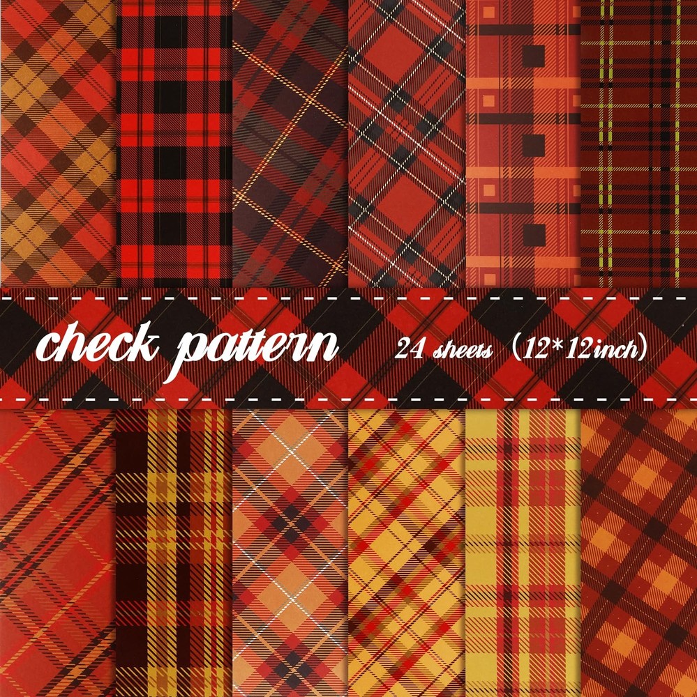 24 Sheets Plaid Pattern Paper, 12″x12″ Double-Sided Orange & Yellow 7