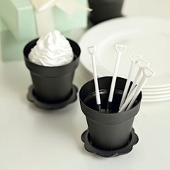 12 BLACK Mini Flower Pot DESSERT CUPS Lid Shovel Spoon Party Events Decorations