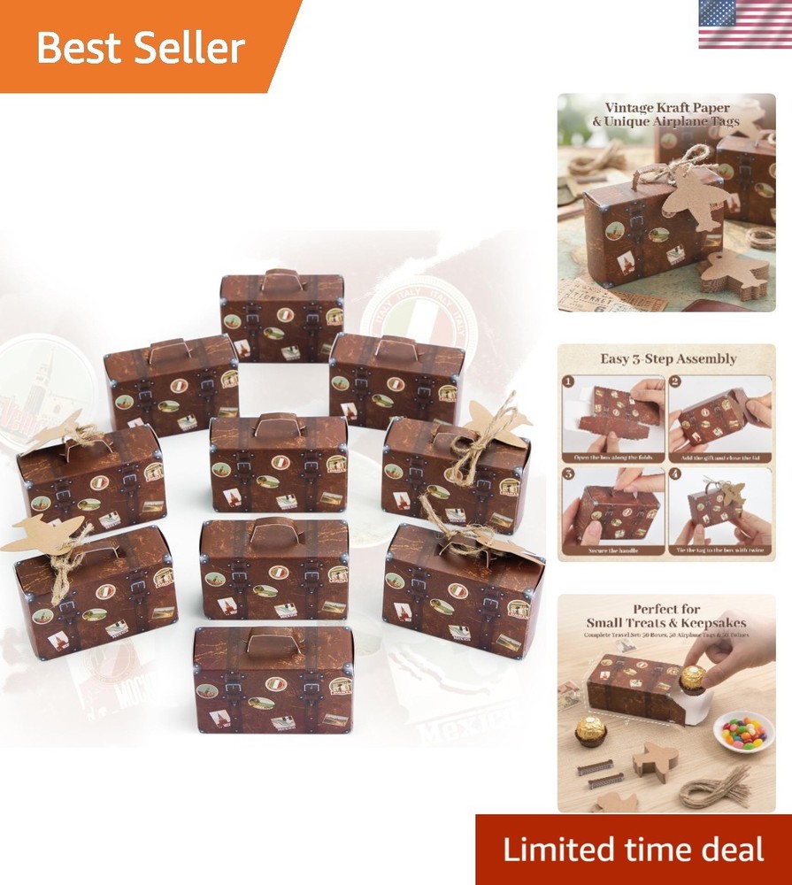 Vintage Travel-Themed Mini Favor Box Set – 50 Kraft Paper Suitcases for Events