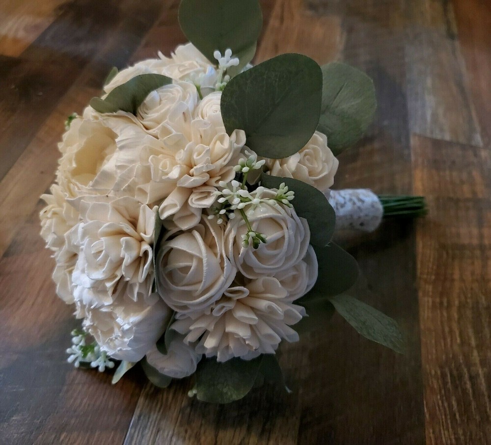 White Bridal Bouquet & Boutonniere Set Ivory Sola Wood Flower Bridesmaid Groom