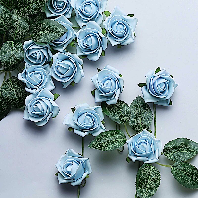 24 DUSTY BLUE 2″ Mini FOAM ROSE Flowers Stems Wedding Decorations Supplies