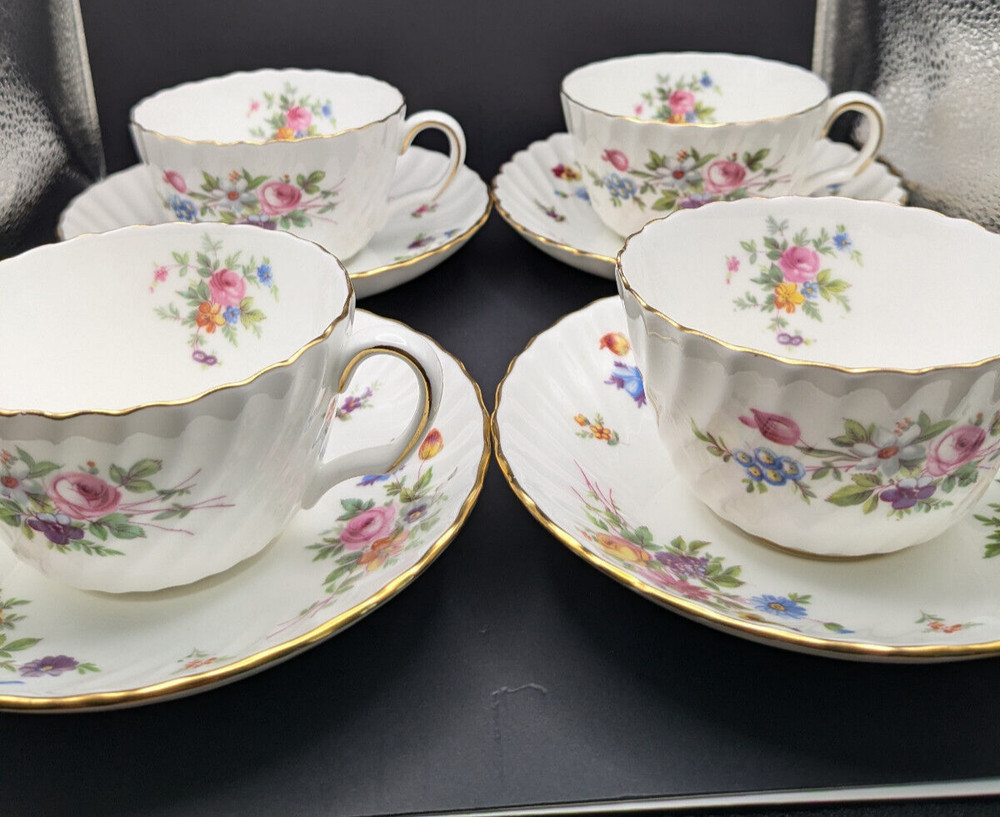 Minton Marlow S-309 England Floral Gold Trim Tea Cup & Saucer Set of four