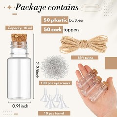 Bokon 50 Packs Mini Plastic Bottles with Corks Stoppers 1 x 2.28 Inch, Clear
